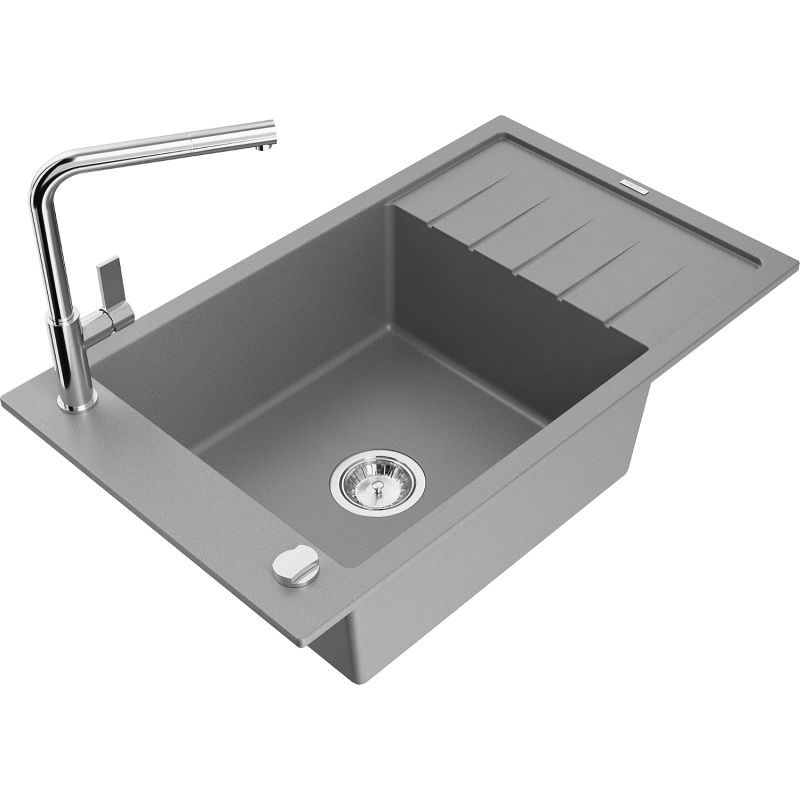 Mexen Elias 1-compartment granite sink with a drip tray and kitchen mixer tap Flora, Grey - 6511-71-670401-00