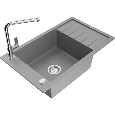 Mexen Elias 1-compartment granite sink with a drip tray and kitchen mixer tap Flora, Grey - 6511-71-670401-00