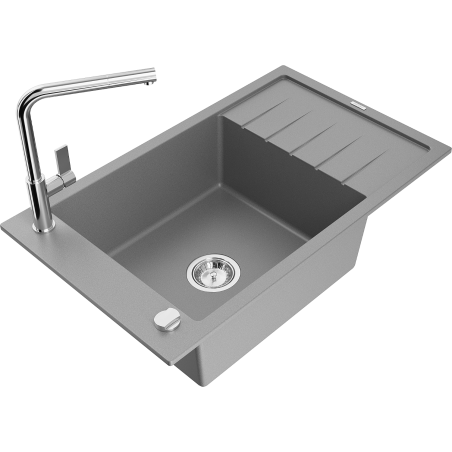 Mexen Elias granite kitchen sink 1-bowl with drainer and Flora kitchen faucet, gray - 6511-71-670401-00