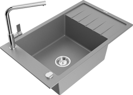 Mexen Elias 1-compartment granite sink with a drip tray and kitchen mixer tap Flora, Grey - 6511-71-670401-00