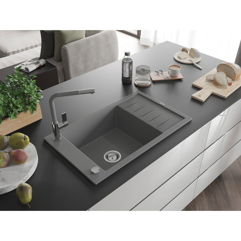 Mexen Elias granite sink 1-bowl with drainer and Flora kitchen tap, grey - 6511-71-670401-06