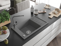 Mexen Elias 1-bowl granite sink with drainer and Flora kitchen faucet, gray - 6511-71-670401-06