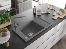 Mexen Elias 1-compartment granite sink with a drip tray and kitchen mixer tap Flora, Grey - 6511-71-670401-06