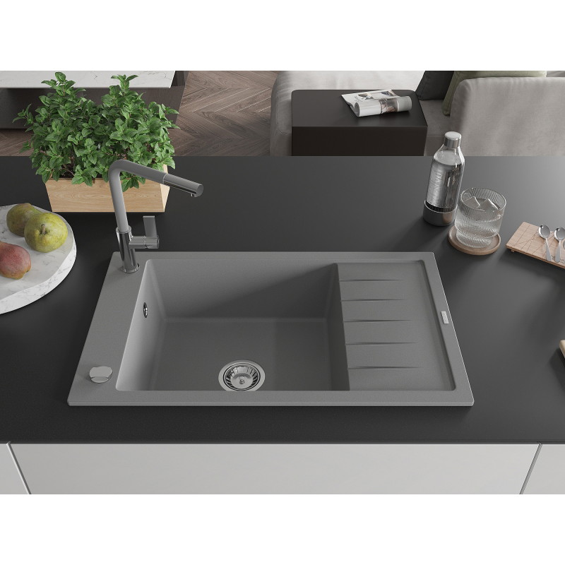 Mexen Elias single-bowl granite kitchen sink with drainer and Flora faucet, gray - 6511-71-670401-06