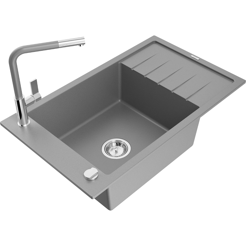 Mexen Elias granite sink 1-bowl with drainer and Flora kitchen tap, grey - 6511-71-670401-06