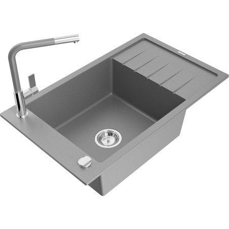 Mexen Elias granite sink 1-bowl with drainer and Flora kitchen tap, grey - 6511-71-670401-06
