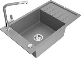 Mexen Elias 1-compartment granite sink with a drip tray and kitchen mixer tap Flora, Grey - 6511-71-670401-06