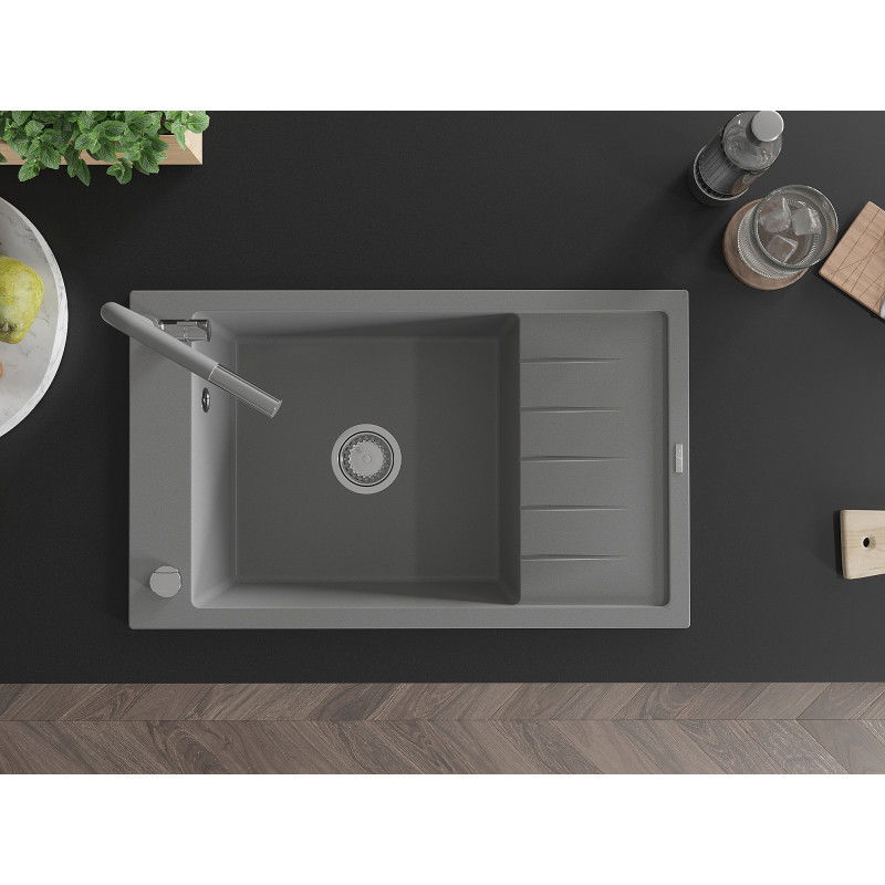 Mexen Elias granite sink 1-bowl with drainer and Flora kitchen tap, grey - 6511-71-670401-06