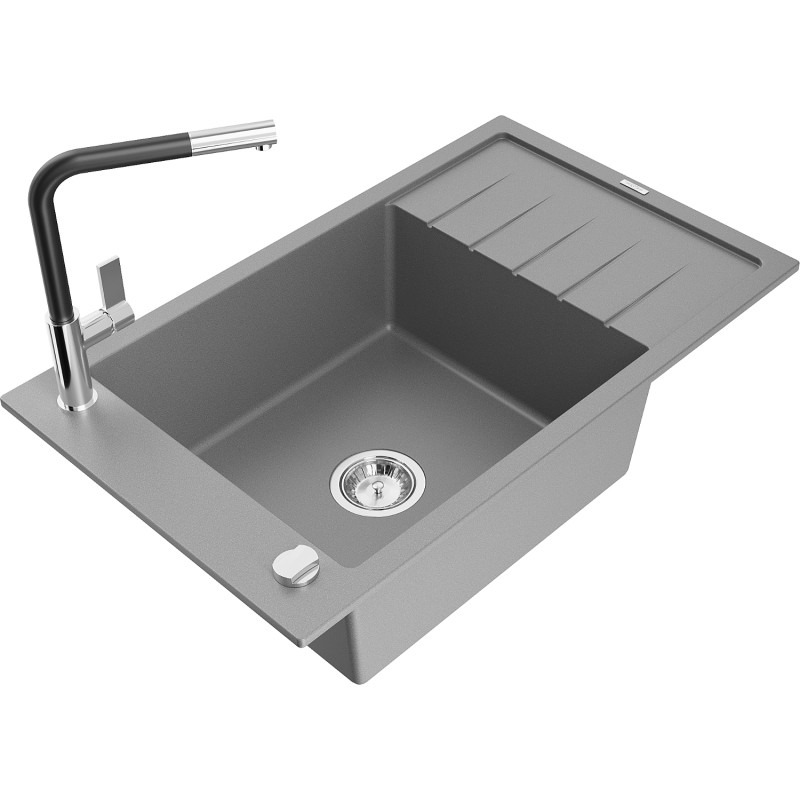 Mexen Elias 1-chamber granite sink with drainer and kitchen faucet Flora, gray - 6511-71-670401-07