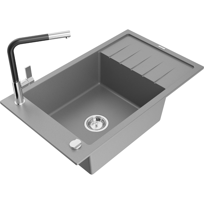 Mexen Elias granite sink 1-bowl with drainer and Flora kitchen tap, grey - 6511-71-670401-07