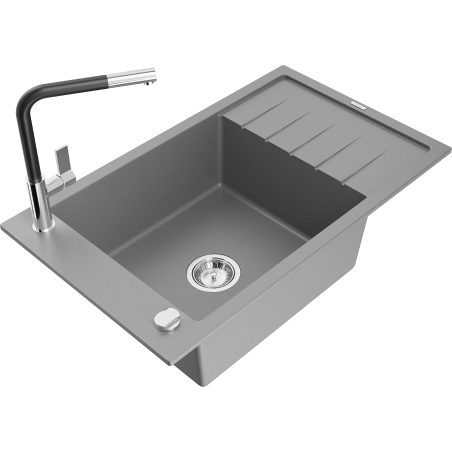 Mexen Elias 1-chamber granite sink with drainer and kitchen faucet Flora, gray - 6511-71-670401-07