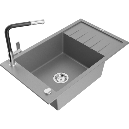 Mexen Elias granite sink 1-bowl with drainer and Flora kitchen tap, grey - 6511-71-670401-07
