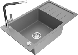 Mexen Elias 1-compartment granite sink with a drip tray and kitchen mixer tap Flora, Grey - 6511-71-670401-07