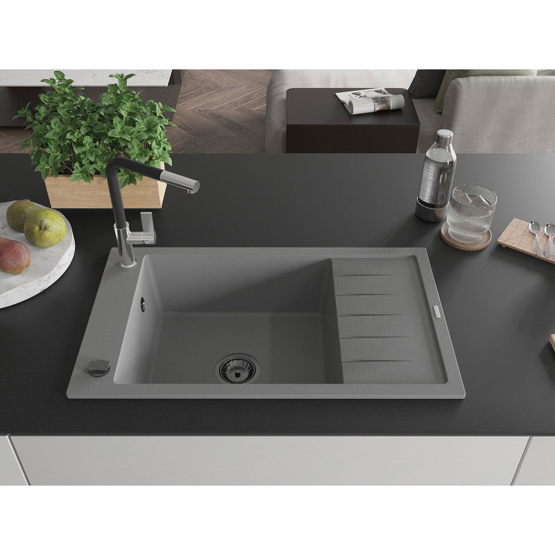Mexen Elias 1-bowl granite sink with drainer and Flora kitchen tap, grey - 6511-71-670401-07-B