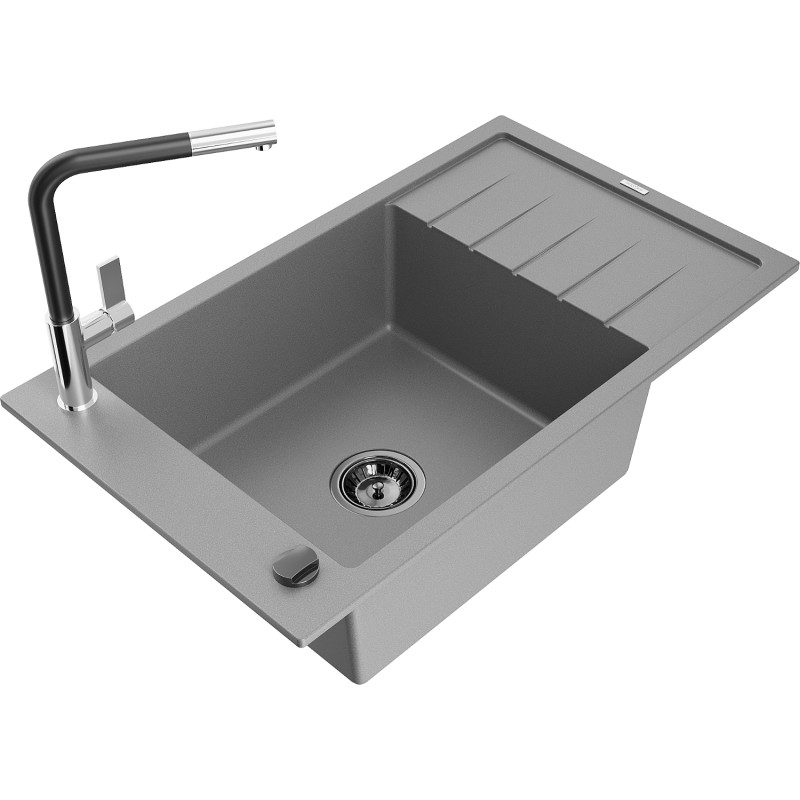 Mexen Elias granite single-bowl kitchen sink with drainer and Flora kitchen faucet, gray - 6511-71-670401-07-B