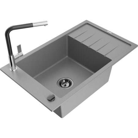 Mexen Elias granite single-bowl kitchen sink with drainer and Flora kitchen faucet, gray - 6511-71-670401-07-B