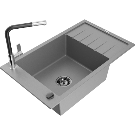 Mexen Elias granite sink 1-bowl with drainer and Flora kitchen faucet, gray - 6511-71-670401-07-B
