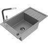 Mexen Elias granite sink 1-bowl with drainer and Flora kitchen faucet, gray - 6511-71-670401-07-B