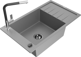 Mexen Elias 1-compartment granite sink with a drip tray and kitchen mixer tap Flora, Grey - 6511-71-670401-07-B