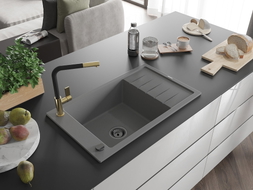 Mexen Elias 1-bowl granite sink with drainer and Flora kitchen faucet, gray - 6511-71-670401-57-B