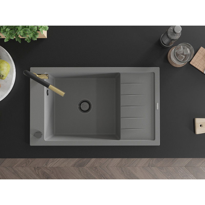 Mexen Elias 1-bowl granite sink with drainer and Flora kitchen tap, grey - 6511-71-670401-57-B
