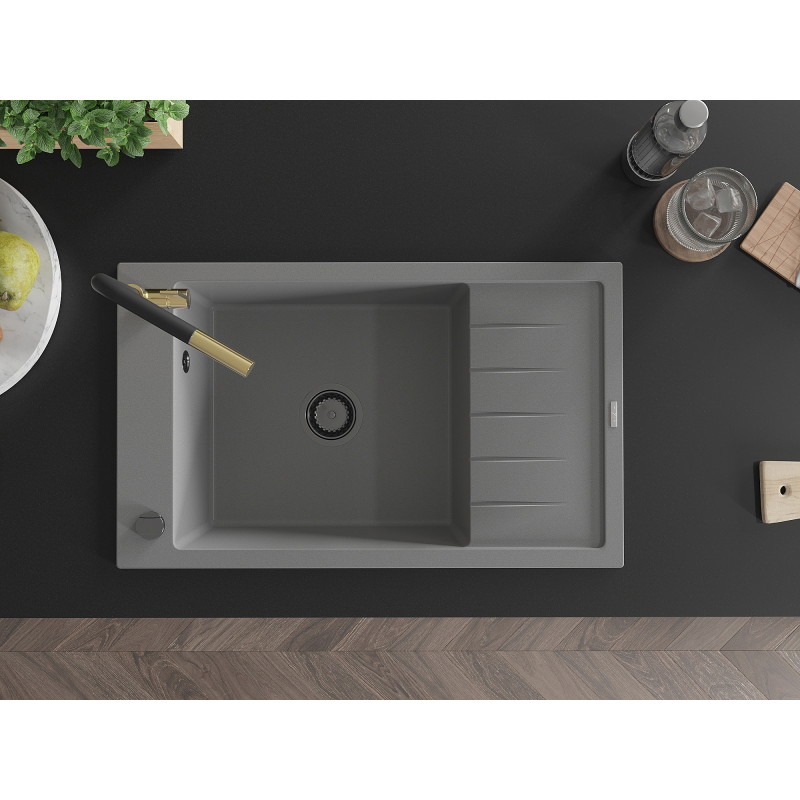 Mexen Elias granite kitchen sink single-bowl with drainer and Flora kitchen faucet, gray - 6511-71-670401-57-B