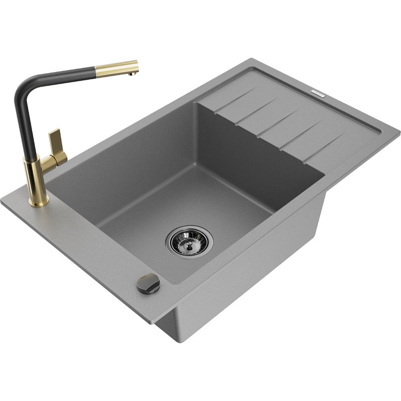 Mexen Elias 1-bowl granite sink with drainer and Flora kitchen tap, grey - 6511-71-670401-57-B