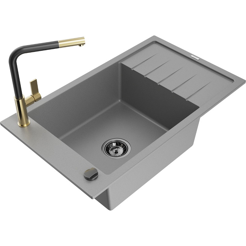 Mexen Elias granite kitchen sink single-bowl with drainer and Flora kitchen faucet, gray - 6511-71-670401-57-B