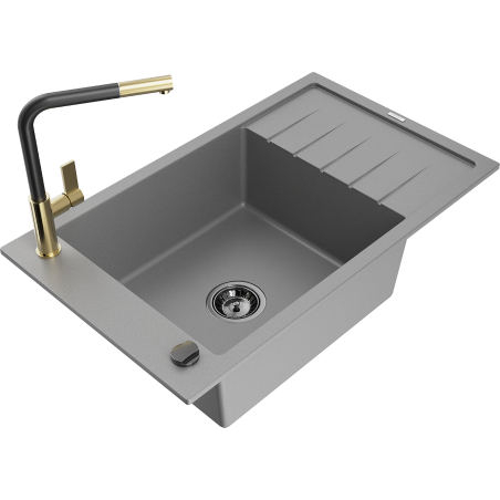 Mexen Elias 1-bowl granite sink with drainer and Flora kitchen tap, grey - 6511-71-670401-57-B