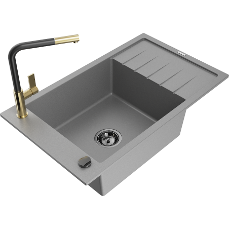 Mexen Elias 1-compartment granite sink with a drip tray and kitchen mixer tap Flora, Grey - 6511-71-670401-57-B