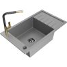 Mexen Elias 1-bowl granite sink with drainer and Flora kitchen tap, grey - 6511-71-670401-57-B