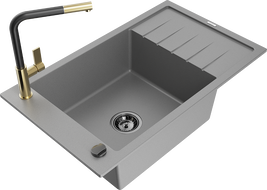 Mexen Elias 1-bowl granite sink with drainer and Flora kitchen faucet, gray - 6511-71-670401-57-B
