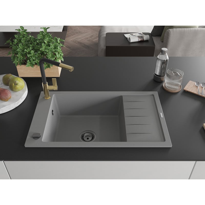 Mexen Elias 1-bowl granite sink with drainer and Flora kitchen tap, grey - 6511-71-670401-57-B