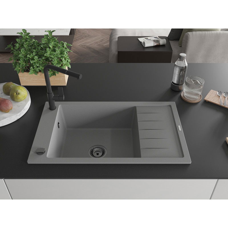Mexen Elias 1-bowl granite sink with drainer and Flora kitchen tap, grey - 6511-71-670401-70-B