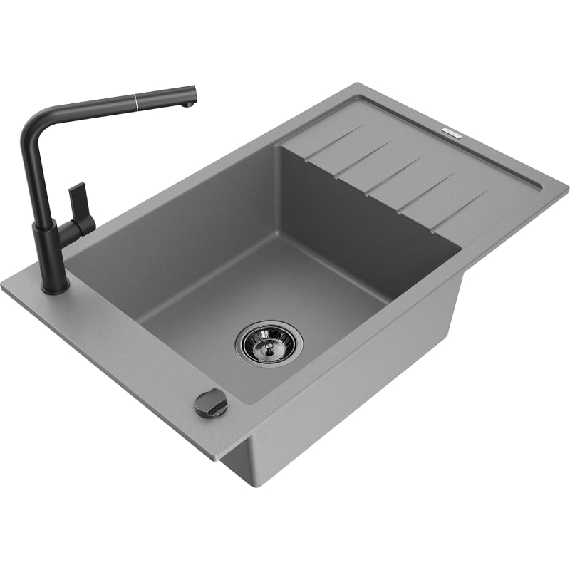 Mexen Elias granite kitchen sink single-bowl with drainer and Flora kitchen faucet, gray - 6511-71-670401-70-B