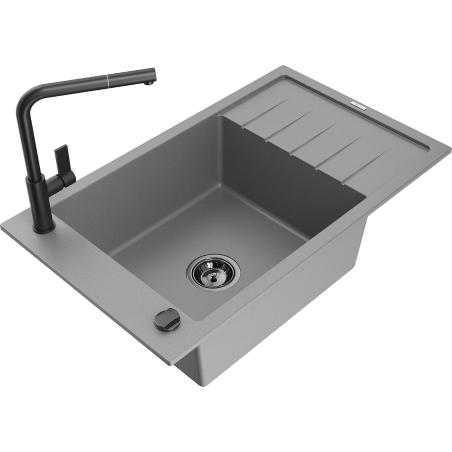 Mexen Elias 1-compartment granite sink with a drip tray and kitchen mixer tap Flora, Grey - 6511-71-670401-70-B