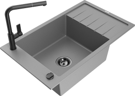 Mexen Elias 1-compartment granite sink with a drip tray and kitchen mixer tap Flora, Grey - 6511-71-670401-70-B