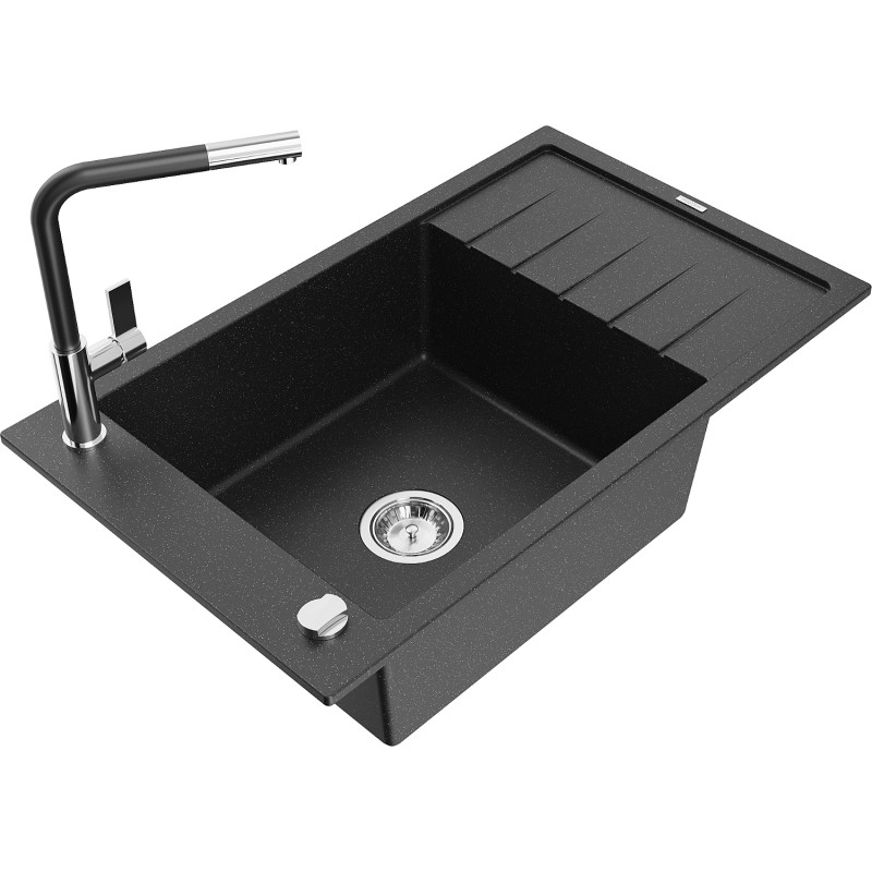 Mexen Elias granite kitchen sink 1-bowl with drainer and kitchen faucet Flora, black/silver metallic - 6511-73-670401-07