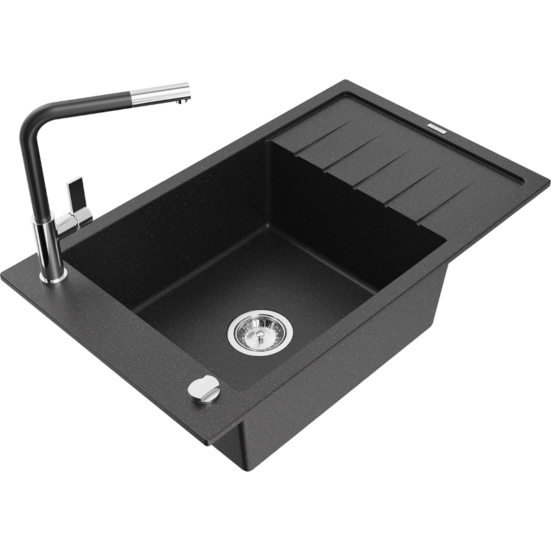 Mexen Elias granite sink 1-bowl with drainer and Flora kitchen tap, black/silver metallic - 6511-73-670401-07