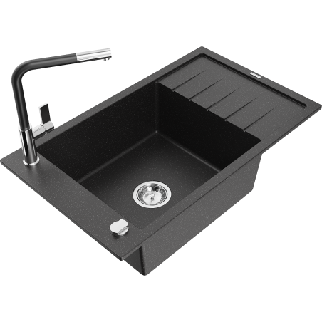 Mexen Elias granite kitchen sink 1-bowl with drainer and Flora kitchen faucet, black/silver metallic - 6511-73-670401-07