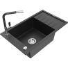 Mexen Elias granite kitchen sink 1-bowl with drainer and Flora kitchen faucet, black/silver metallic - 6511-73-670401-07