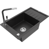 Mexen Elias granite sink 1-bowl with drainer and Flora kitchen tap, black/silver metallic - 6511-73-670401-07