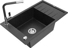 Mexen Elias granite kitchen sink 1-bowl with drainer and kitchen faucet Flora, black/silver metallic - 6511-73-670401-07