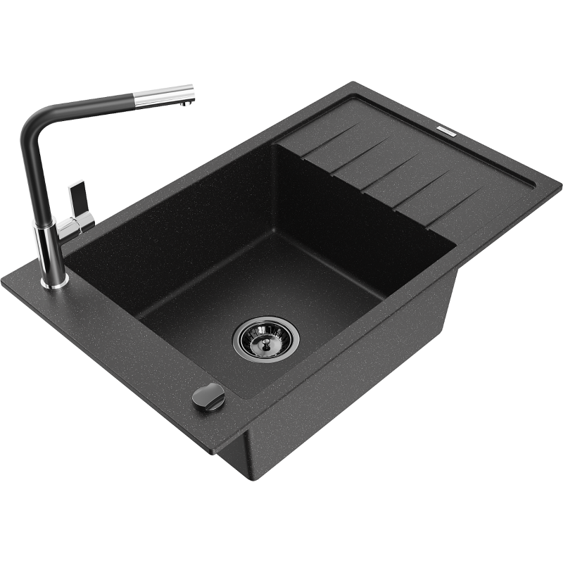 Mexen Elias 1-compartment granite sink with a drip tray and kitchen mixer tap Flora, Black/Silver metallic - 6511-73-670401-07-B