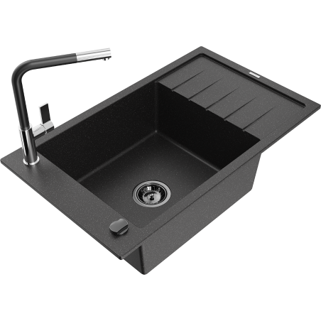 Mexen Elias 1-compartment granite sink with a drip tray and kitchen mixer tap Flora, Black/Silver metallic - 6511-73-670401-07-B