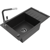 Mexen Elias 1-compartment granite sink with a drip tray and kitchen mixer tap Flora, Black/Silver metallic - 6511-73-670401-07-B