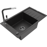 Mexen Elias granite kitchen sink with one bowl, drainer, and Flora kitchen faucet, black/silver metallic - 6511-73-670401-07-B