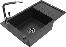 Mexen Elias granite kitchen sink with one bowl, drainer, and Flora kitchen faucet, black/silver metallic - 6511-73-670401-07-B