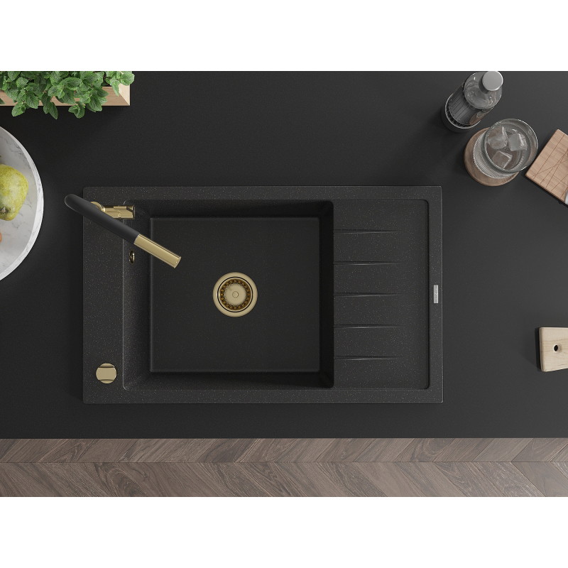 Mexen Elias granite sink 1-bowl with drainer and Flora kitchen faucet, black/silver metallic - 6511-73-670401-57-G