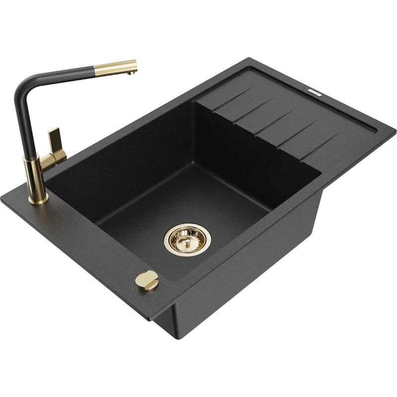 Mexen Elias granite sink 1-bowl with drainer and Flora kitchen faucet, black/silver metallic - 6511-73-670401-57-G